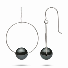 Delicate Accent Fashionable Glow Tahitian Black Pearl Earrings in White Gold - 9-10mm