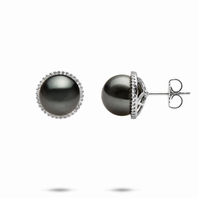Tahitian Black Pearl Earrings in White Gold with Diamonds - 10-11mm Timeless Radiance