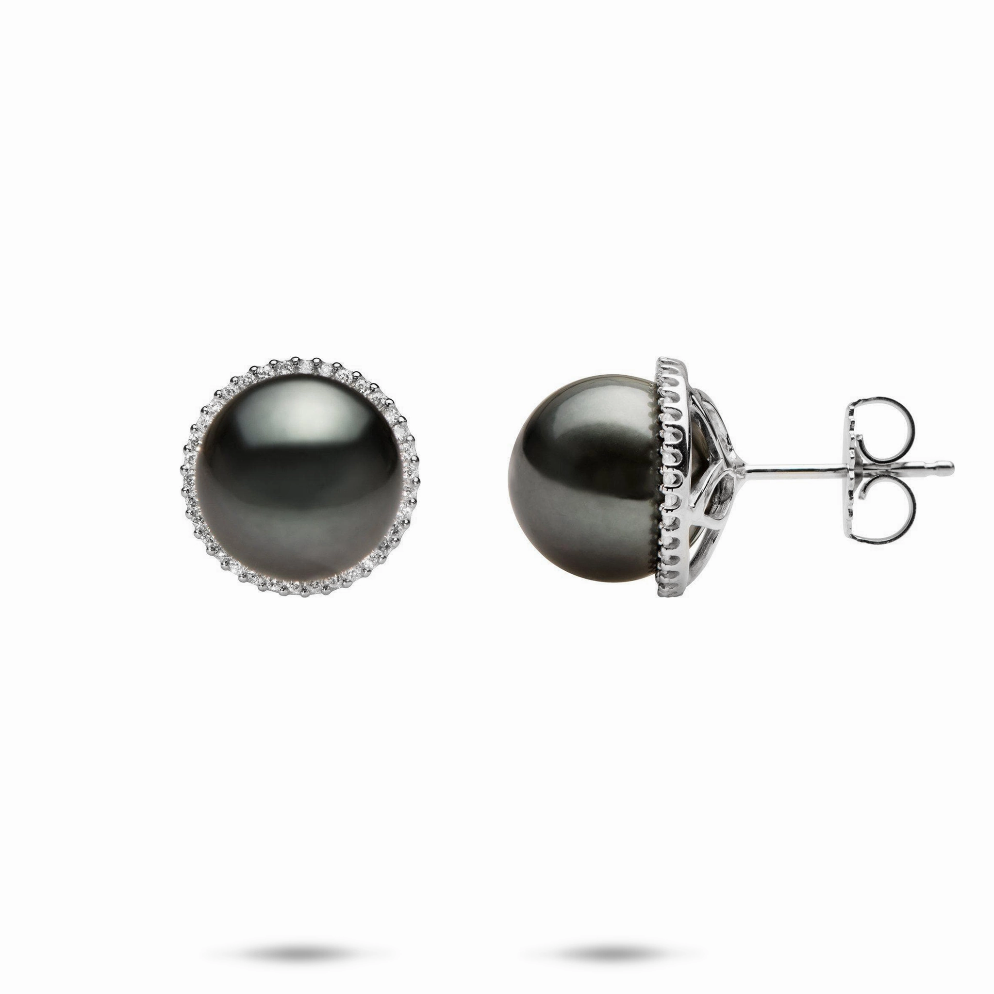 Sparkling Shine Pieces Tahitian Black Pearl Earrings in White Gold with Diamonds - 10-11mm