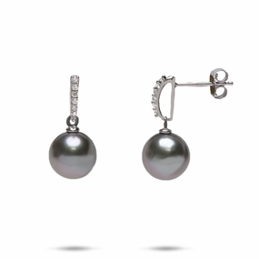 Golden Hour Tahitian Black Pearl Earrings in White Gold with Diamonds - 9-10mm