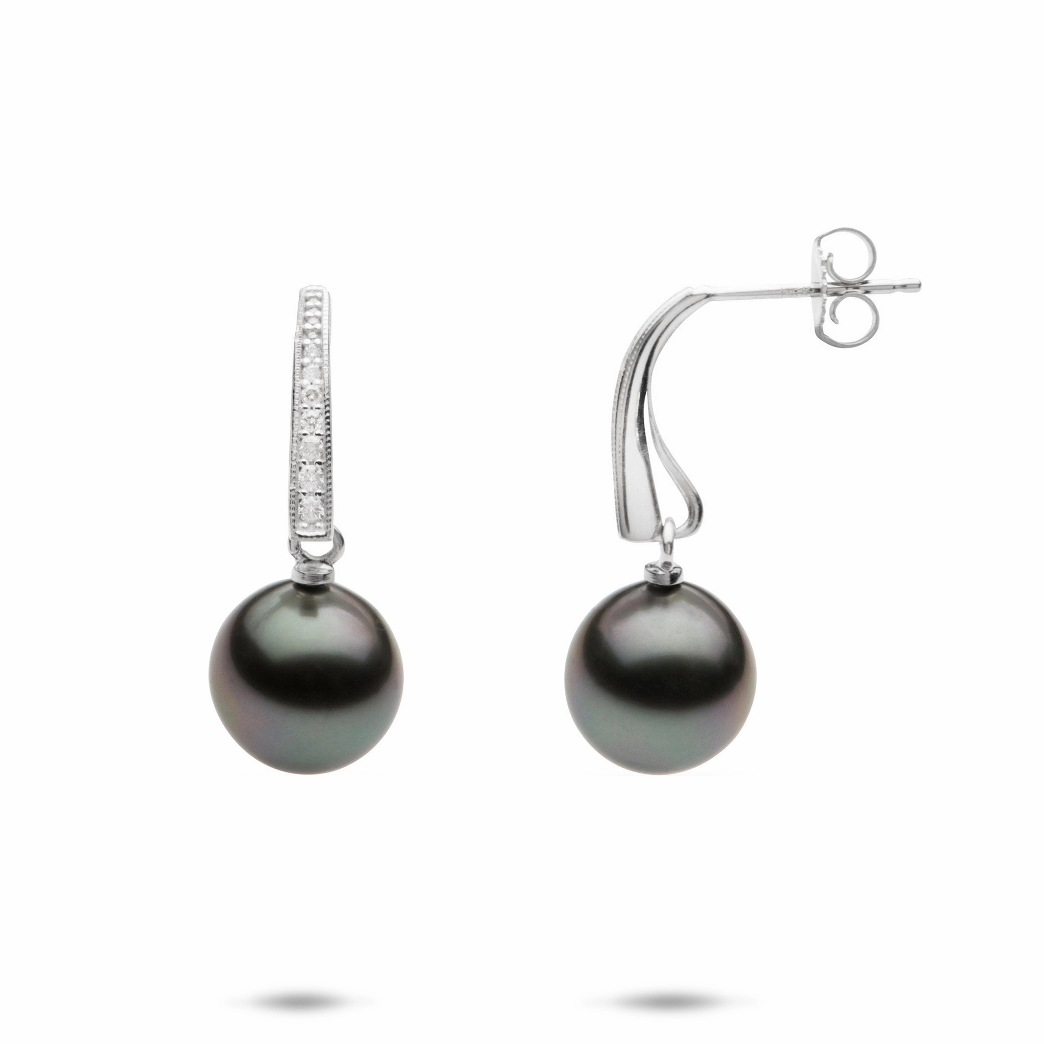 Lively Detail Tahitian Black Pearl Earrings in White Gold with Diamonds - 9-10mm
