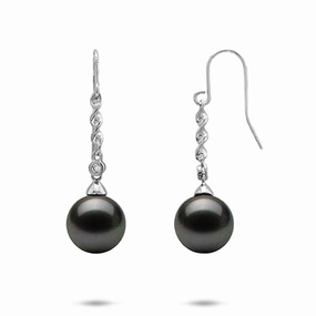Tahitian Black Pearl Earrings in White Gold with Diamonds - 9-10mm Elite Highlight