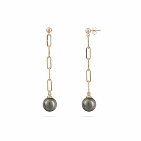 Minimal Daywear Beach Vibes Tahitian Black Pearl Paperclip Chain Earrings in Gold - 10-11mm