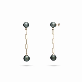 Tahitian Black Pearl Paperclip Chain Earrings in Gold - 9-10mm Statement Layer Elegant Look