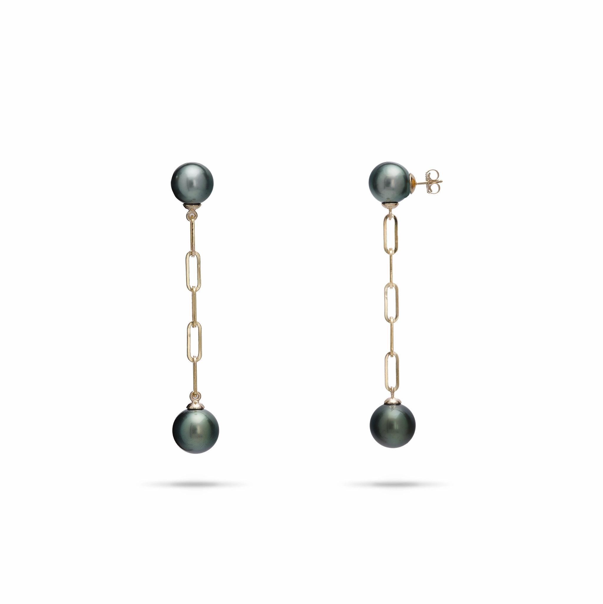 Tahitian Black Pearl Paperclip Chain Earrings in Gold - 9-10mm Statement Layer Elegant Look