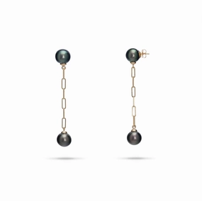 Style Essential Stylish Edge Tahitian Black Pearl Paperclip Chain Earrings in Gold - 9-11mm