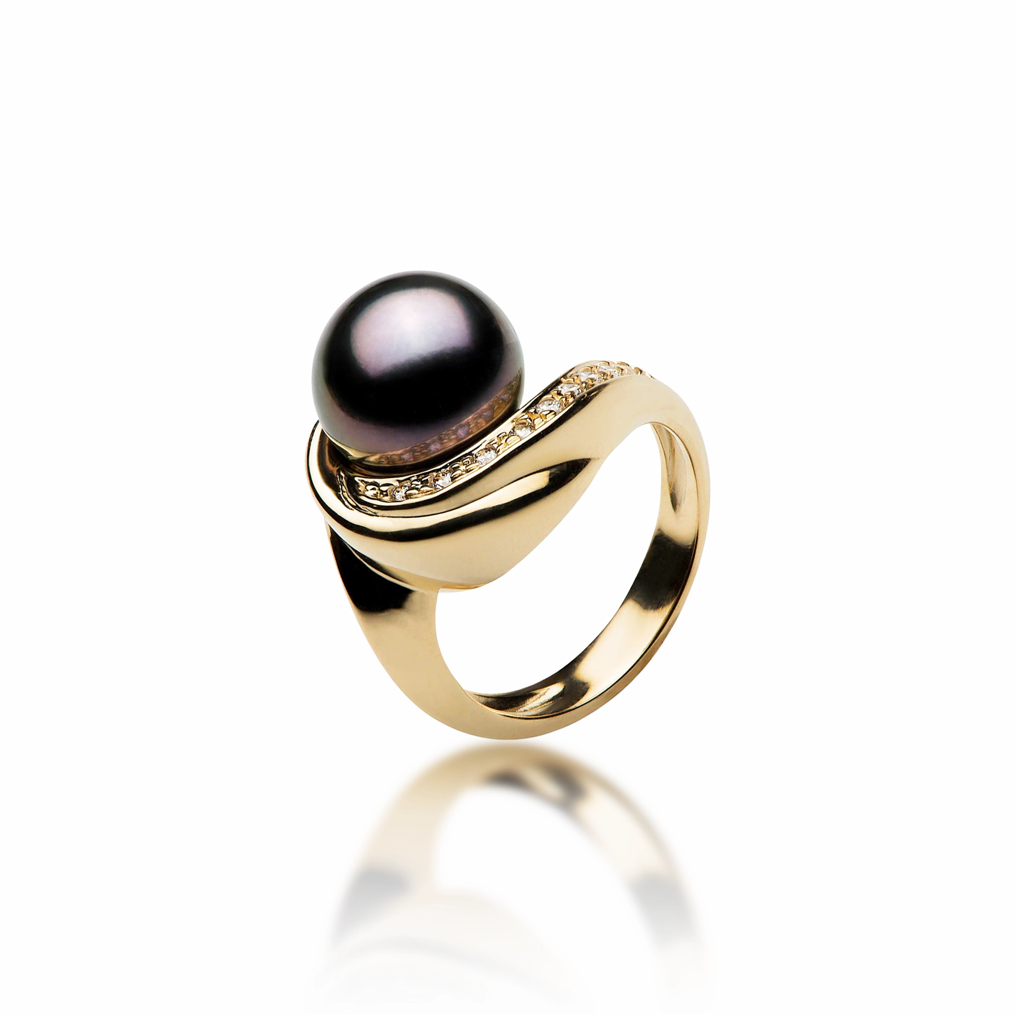 Tahitian Black Pearl Ring in Gold with Diamonds - 10-11mm Fine Detail