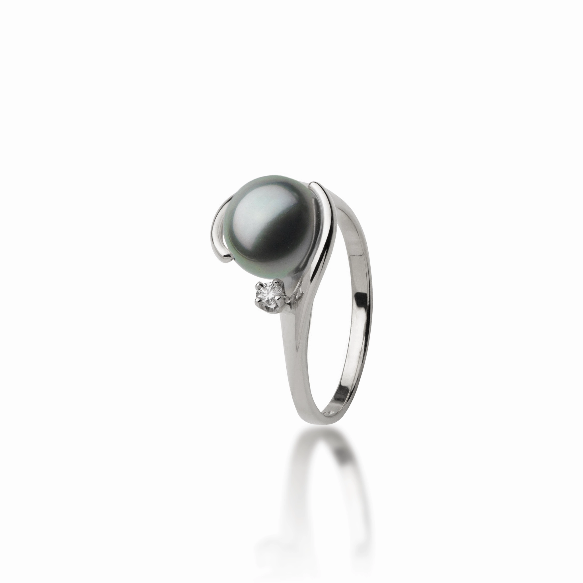 Gloss Layer Tahitian Black Pearl Ring in White Gold with Diamond - 9-10mm