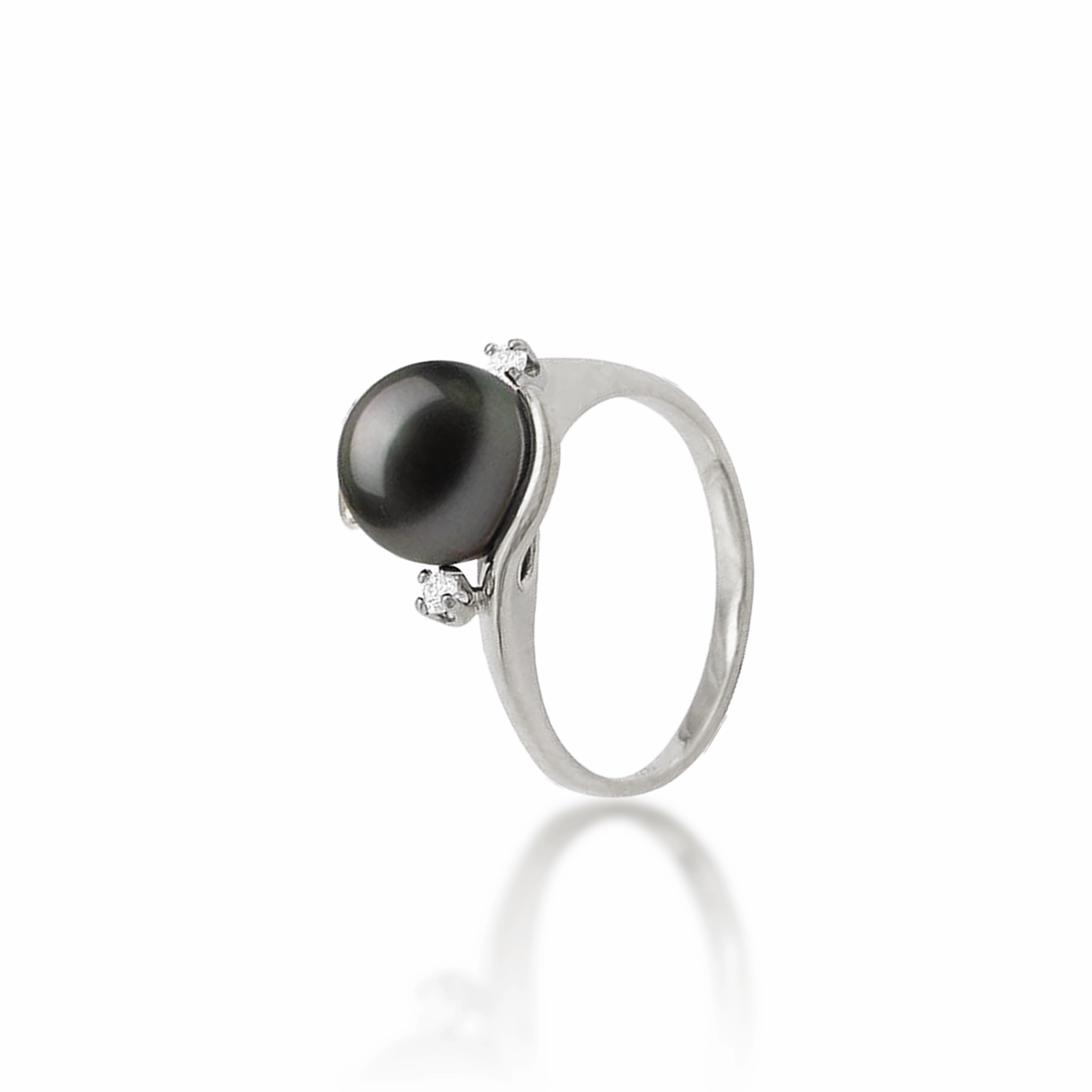 Layered Edge Tahitian Black Pearl Ring in White Gold with Diamonds - 9-10mm