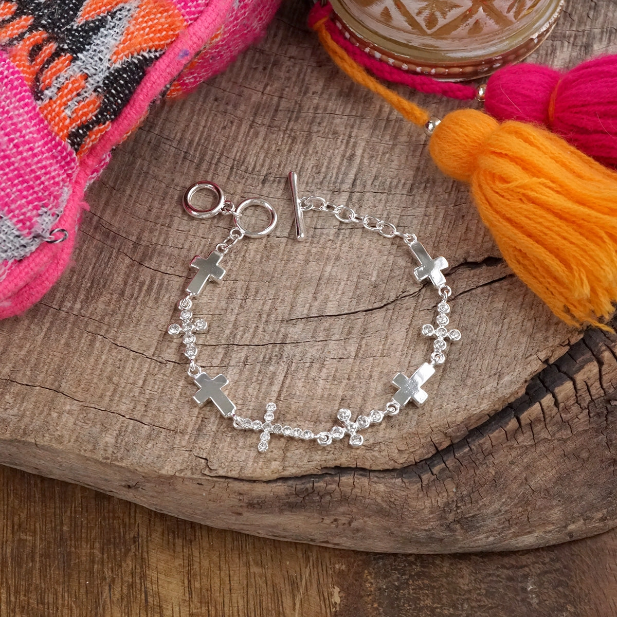 Gracefully Linked ?C Sideways Cross Charm Bracelet in Gold or Silver Protection Symbols