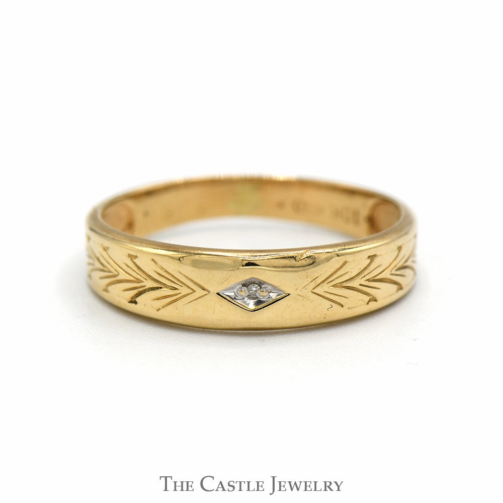 Tapered Wedding Band with Ornate Engraving and Diamond Accent in 10k Yellow Gold Urban Favorite