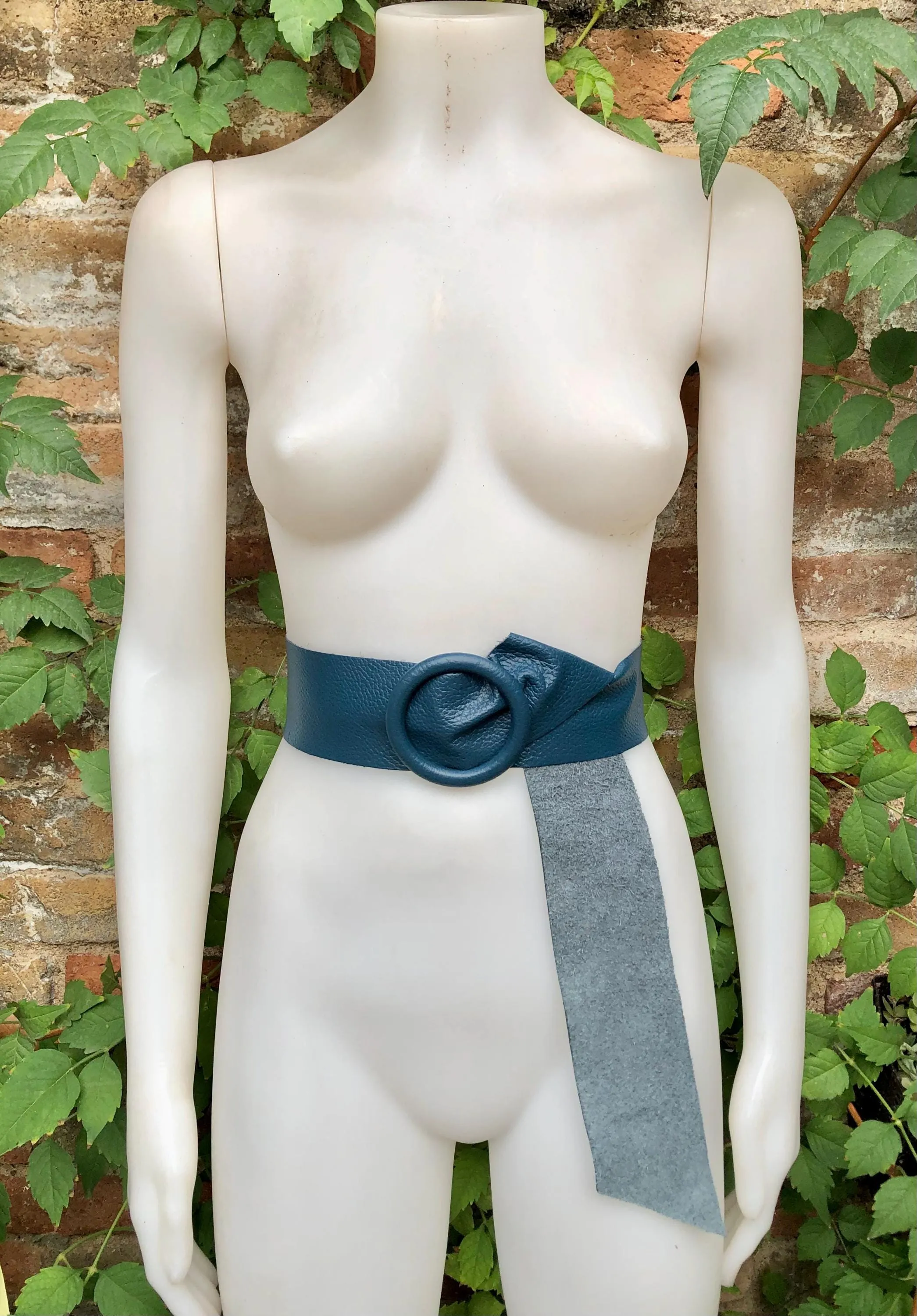 Teal blue leather waist belt with large round buckle. Soft leather belt in blue. Genuine leather teal dress belt. Teal wide waist belt