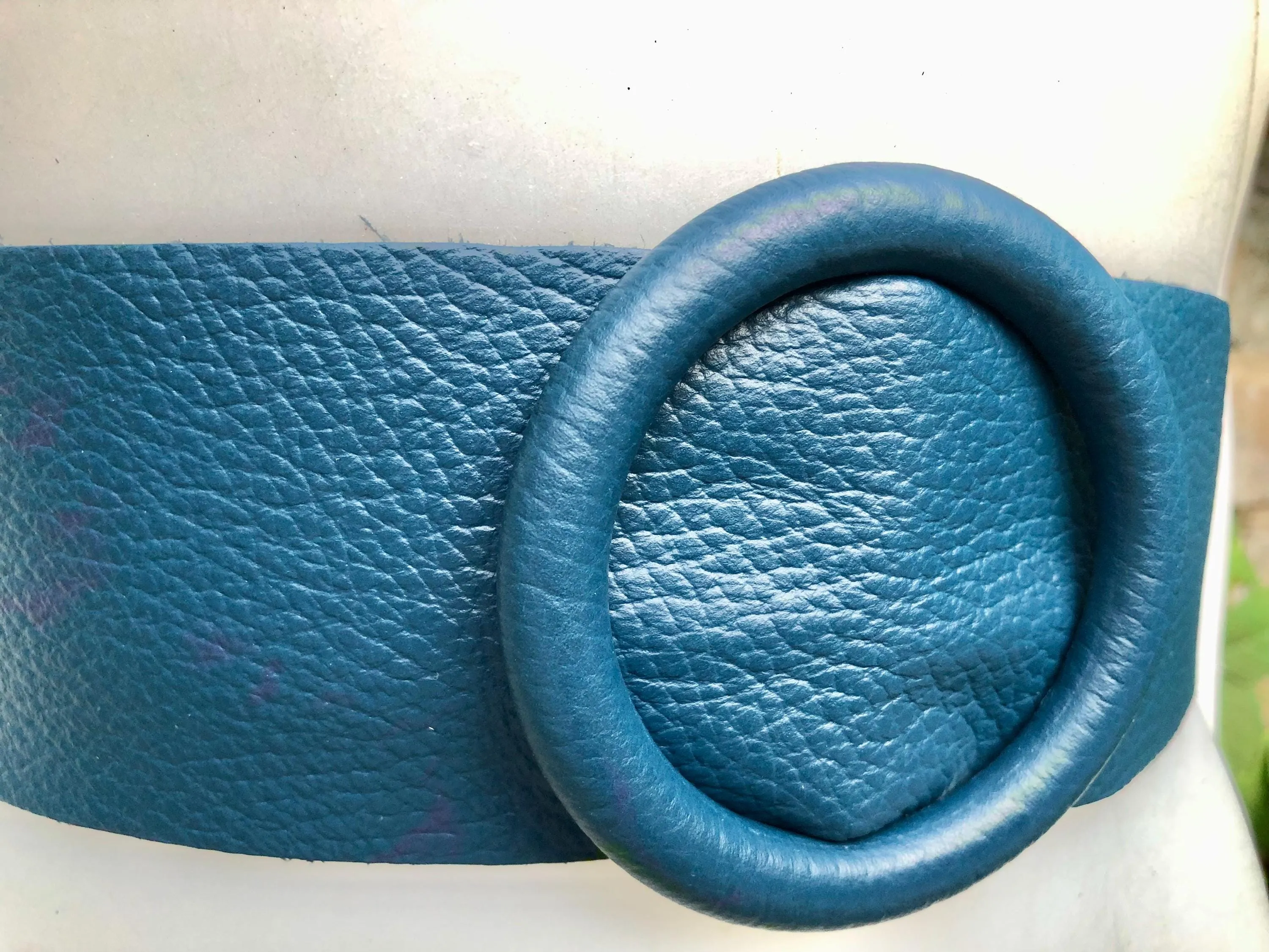 Teal blue leather waist belt with large round buckle. Soft leather belt in blue. Genuine leather teal dress belt. Teal wide waist belt