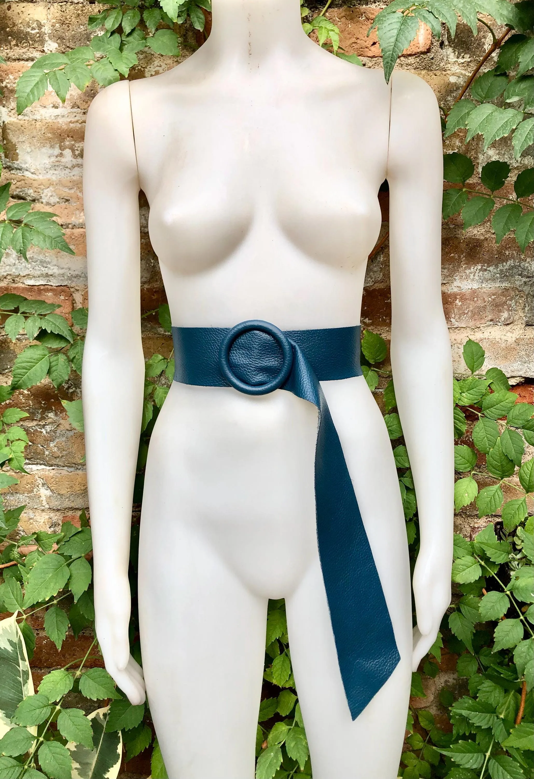 Teal blue leather waist belt with large round buckle. Soft leather belt in blue. Genuine leather teal dress belt. Teal wide waist belt
