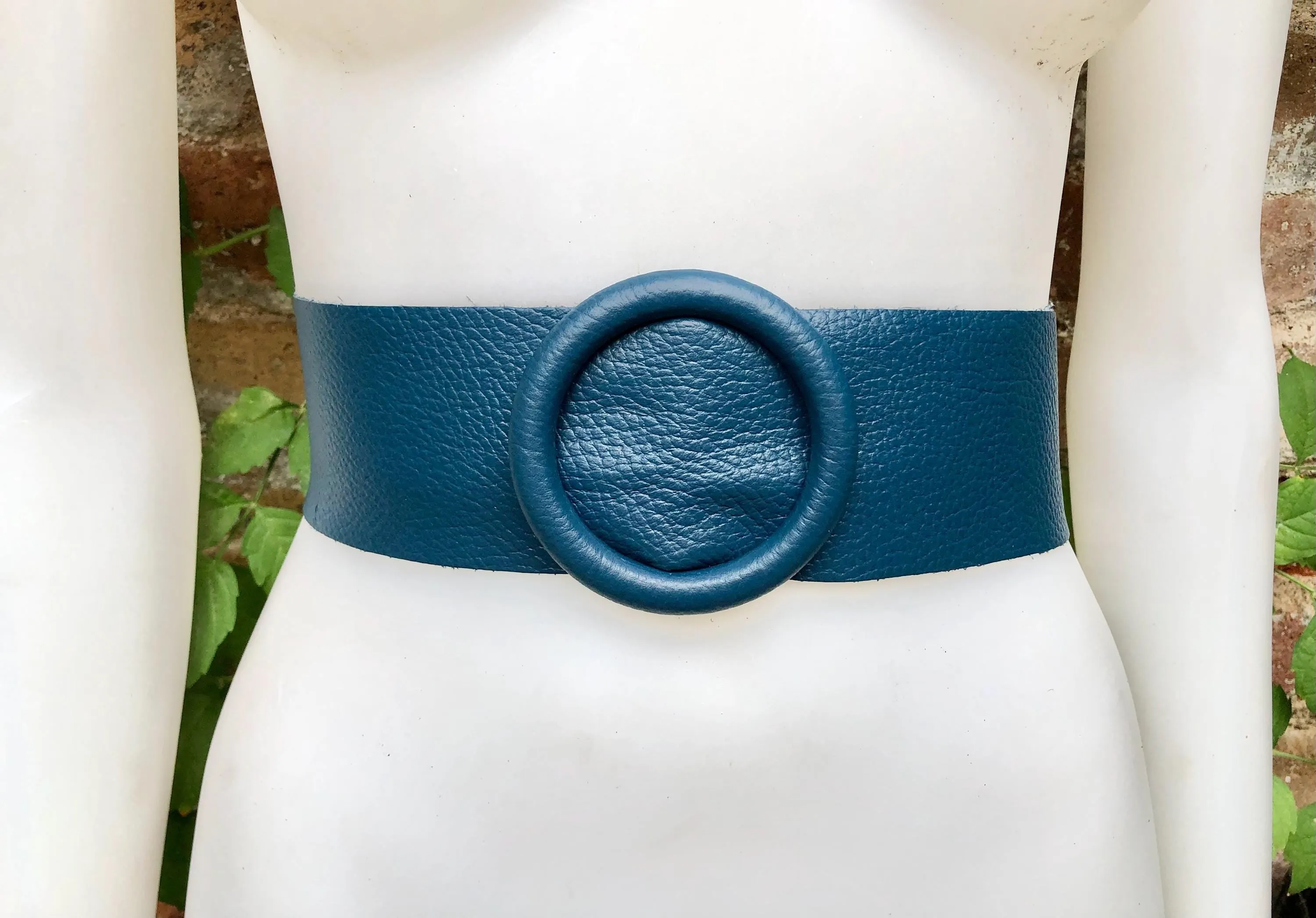 Teal blue leather waist belt with large round buckle. Soft leather belt in blue. Genuine leather teal dress belt. Teal wide waist belt