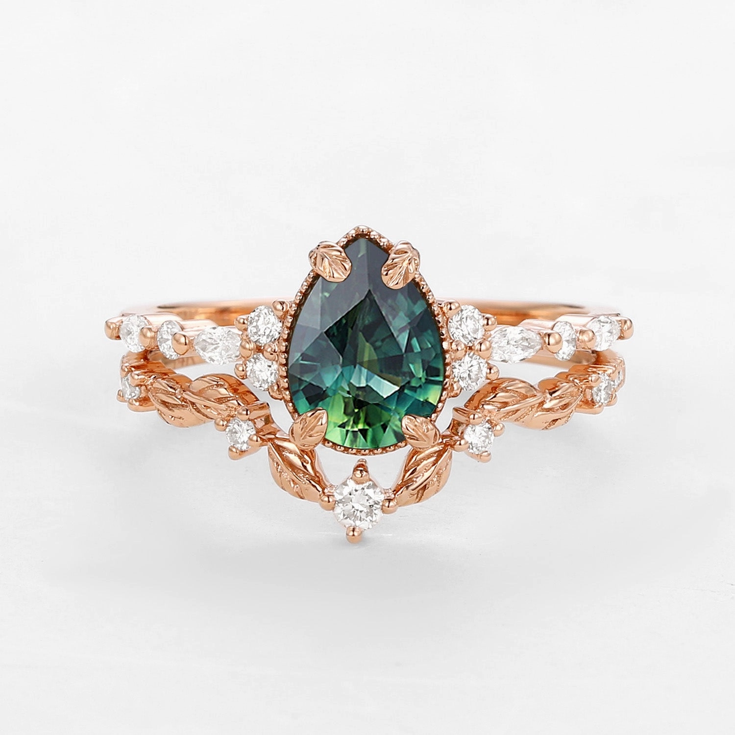 Teal Sapphire Vintage Pear Shaped Leafy Ring Set 2pcs Sophisticated piece