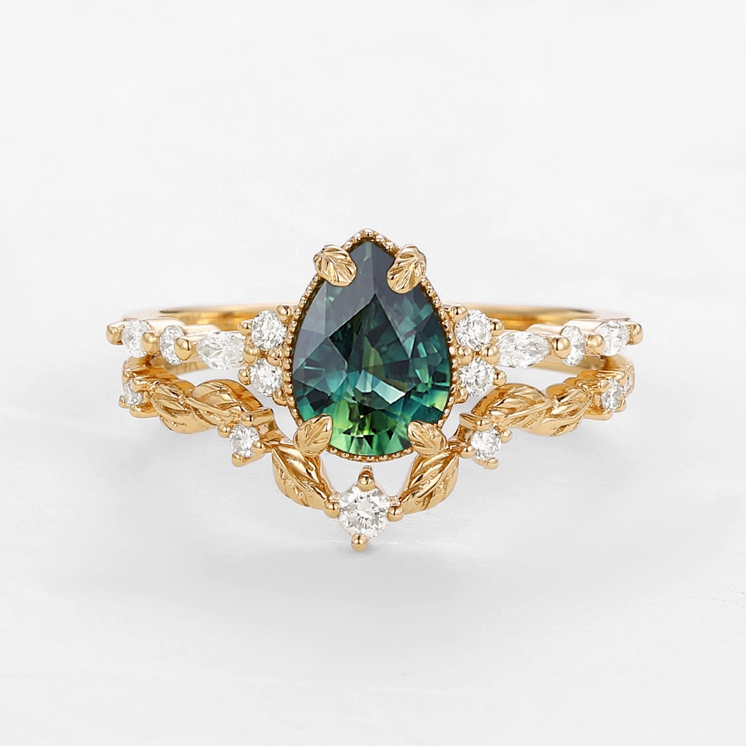Teal Sapphire Vintage Pear Shaped Leafy Ring Set 2pcs Classic Beauty