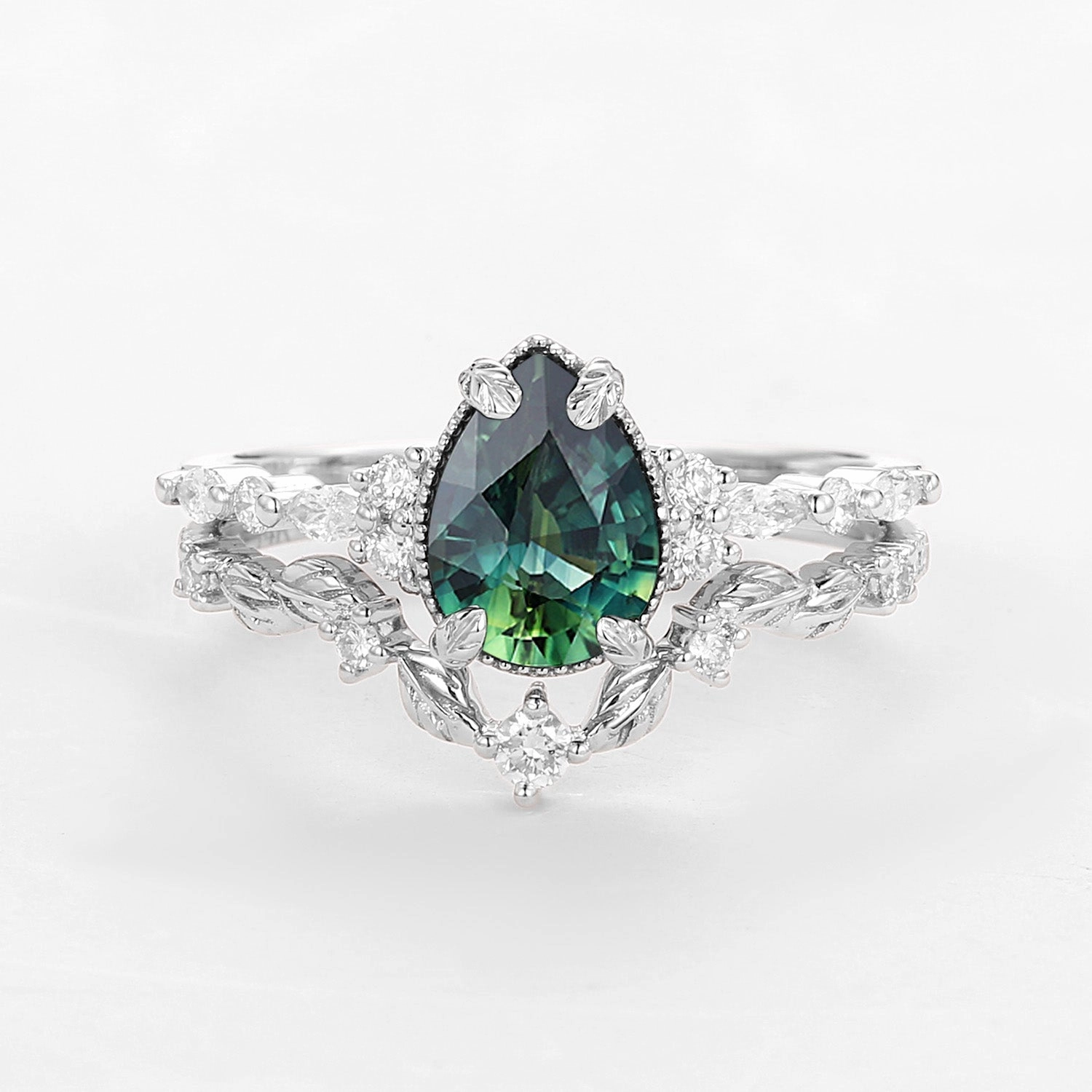 Intricate Work Teal Sapphire Vintage Pear Shaped Leafy Ring Set 2pcs