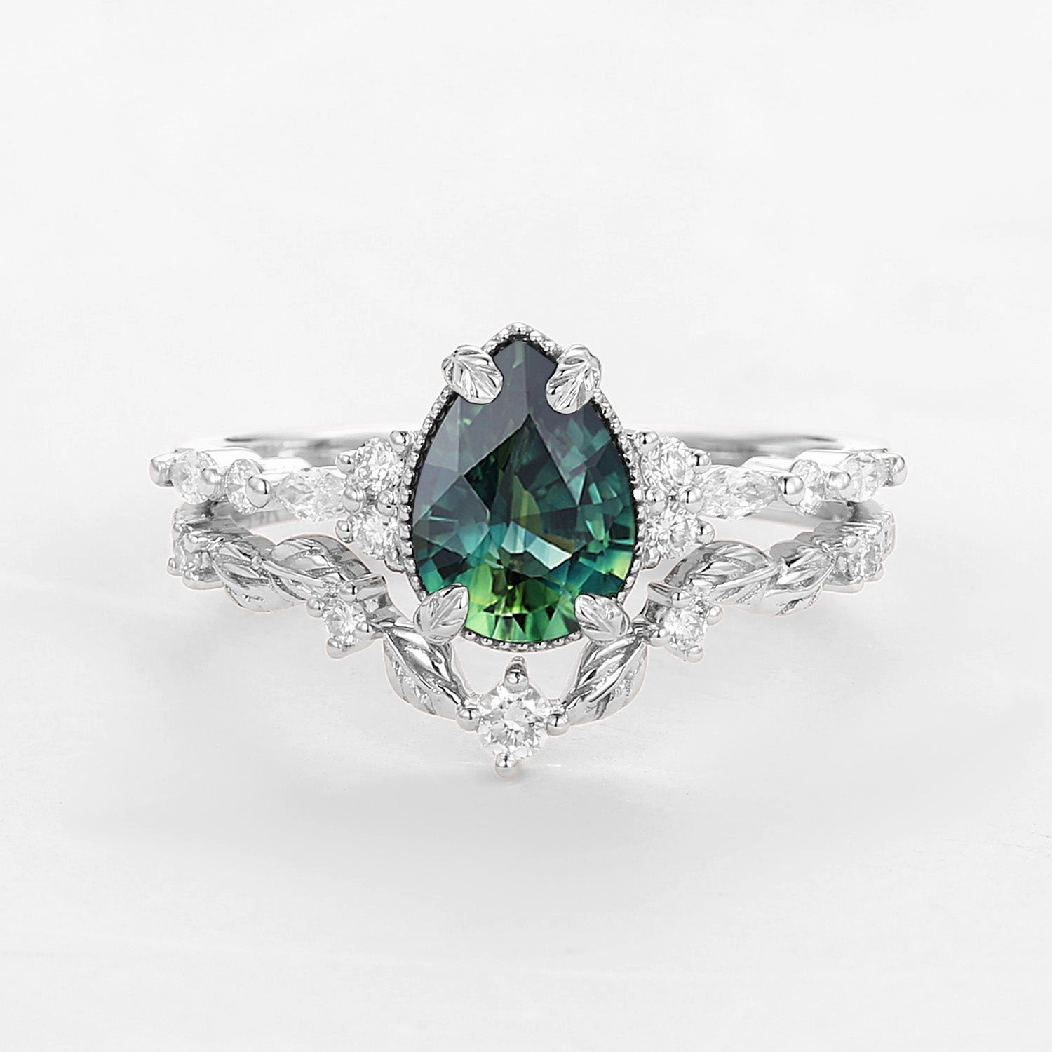 Teal Sapphire Vintage Pear Shaped Leafy Ring Set 2pcs Polished Surface Classic Spark