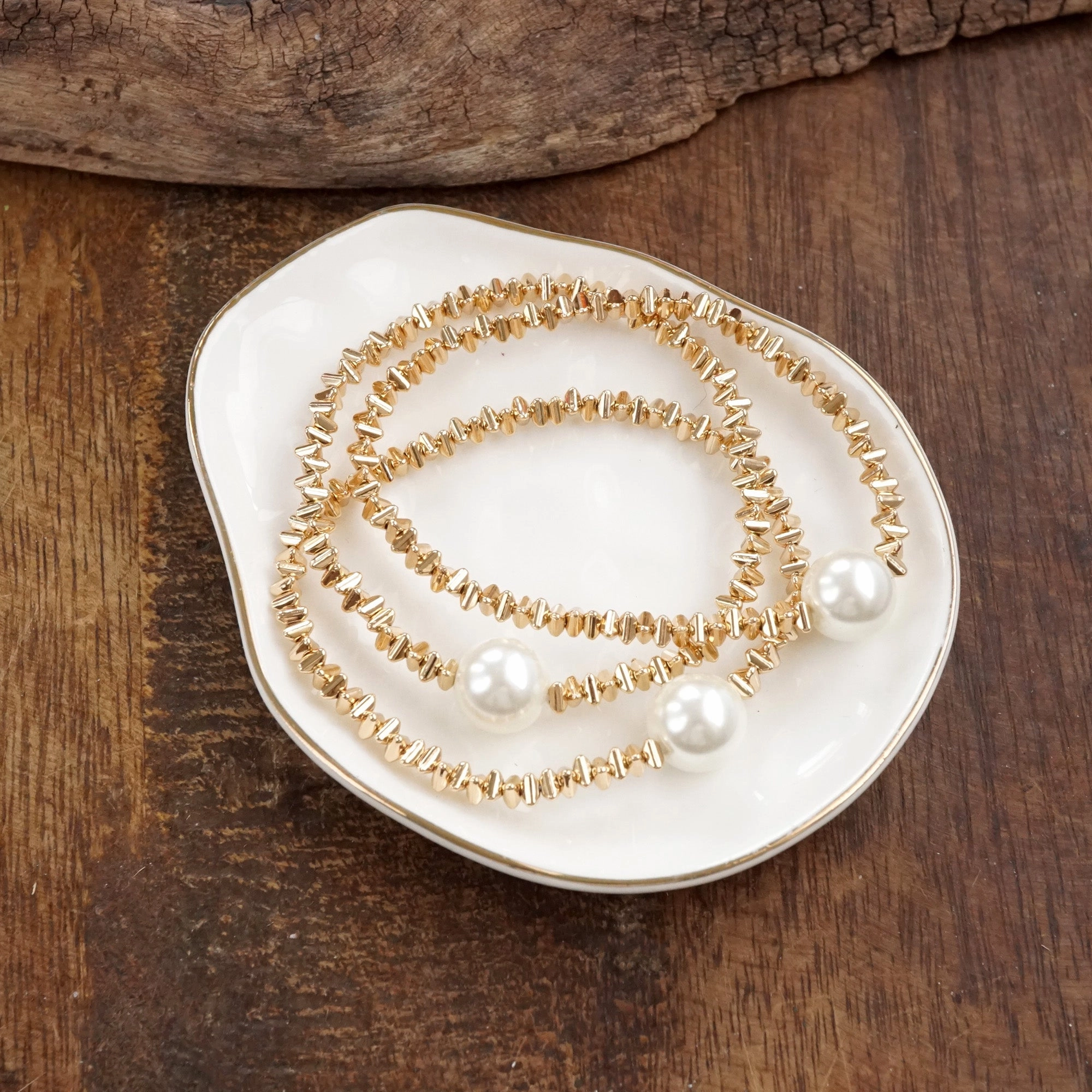 Judicious Pick Golden Grace ?C Set of 3 Stretchy Bracelets with Pearl and 3D Beads