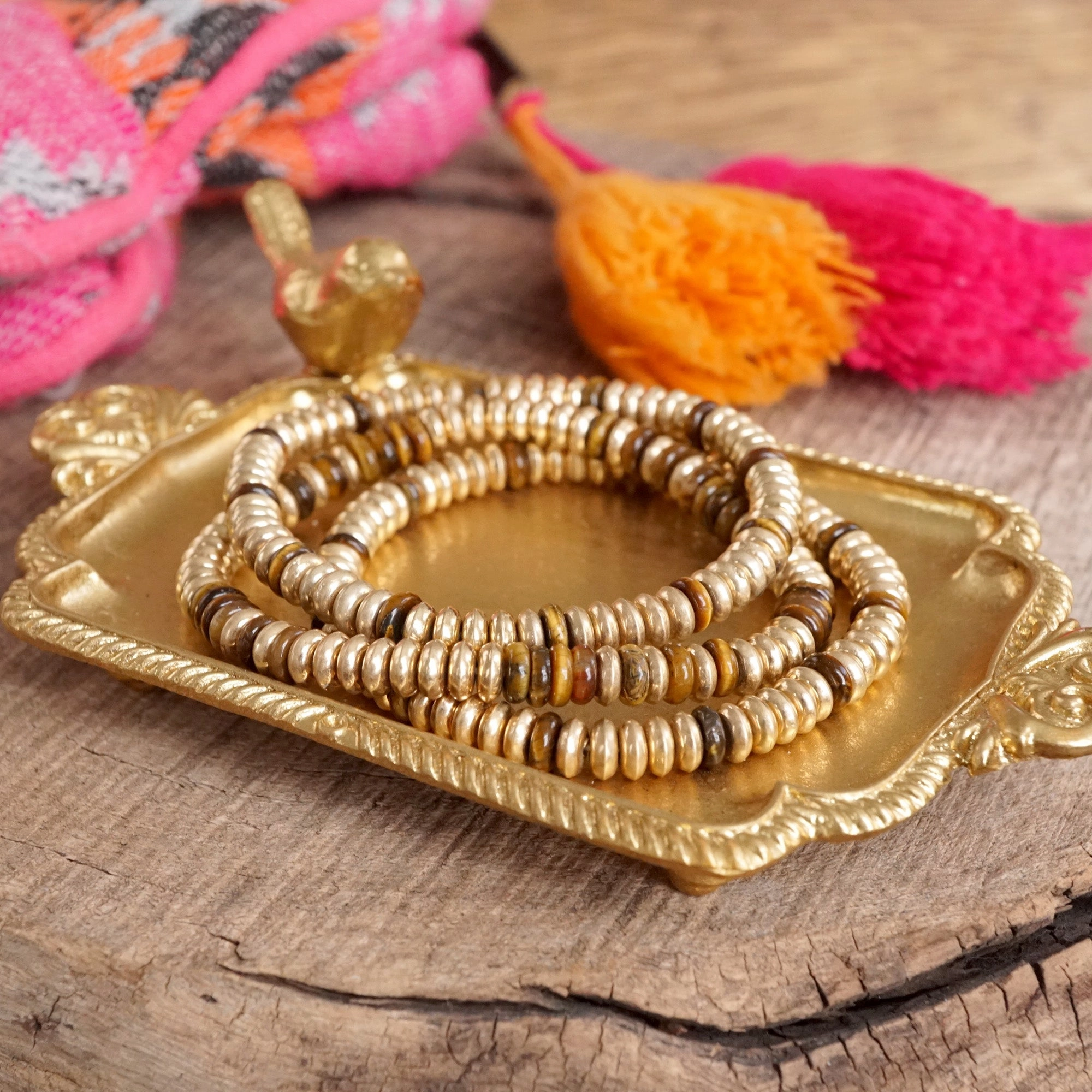 Bold Statements Semi-Precious and Gold-Tone Heishi Disk Beaded Bracelet Sets ?C Neutrals and Multicolor