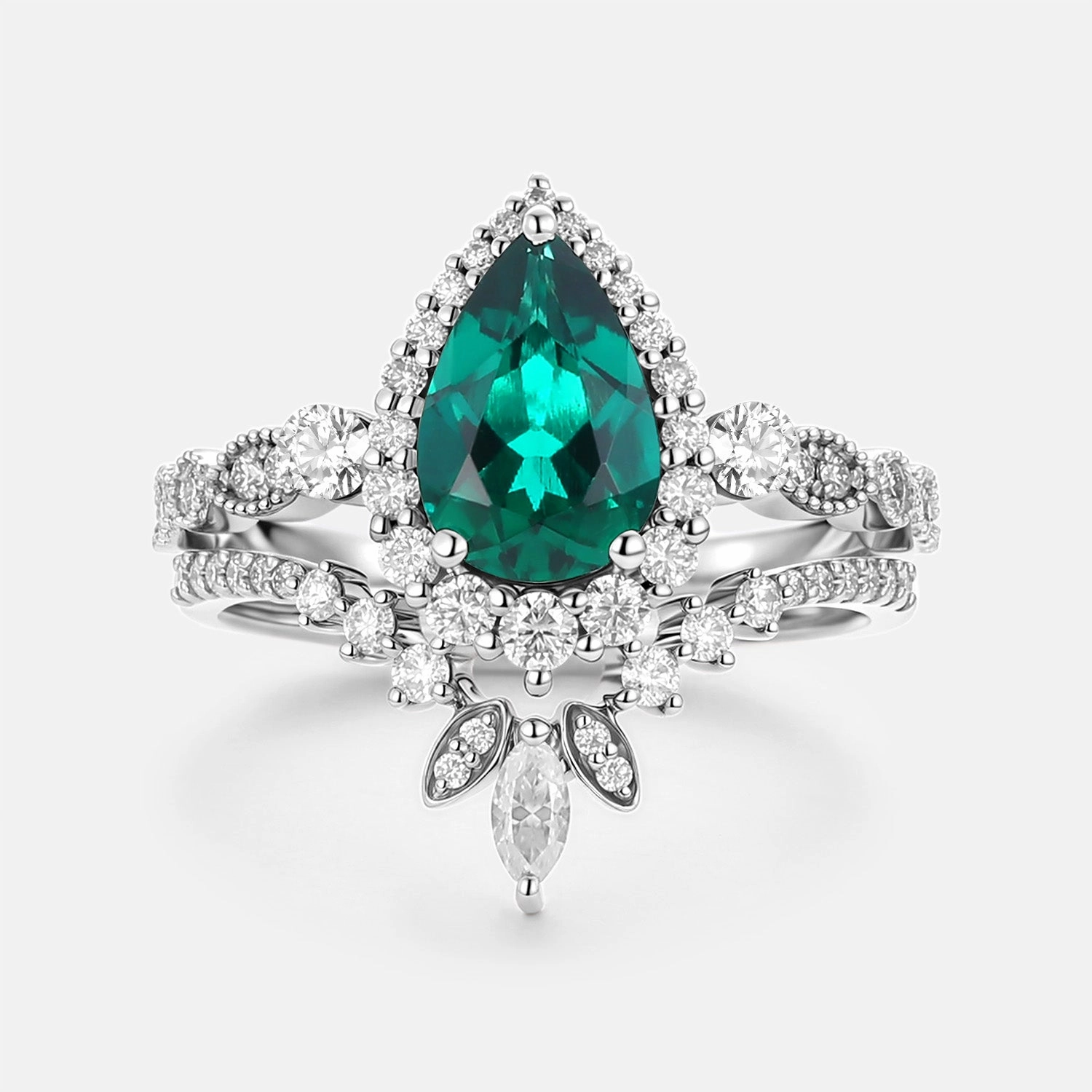 Shimmering Highlight Vintage Accent Pear Cut Lab Emerald Vintage Engagement Ring Set 2pcs - Mirella