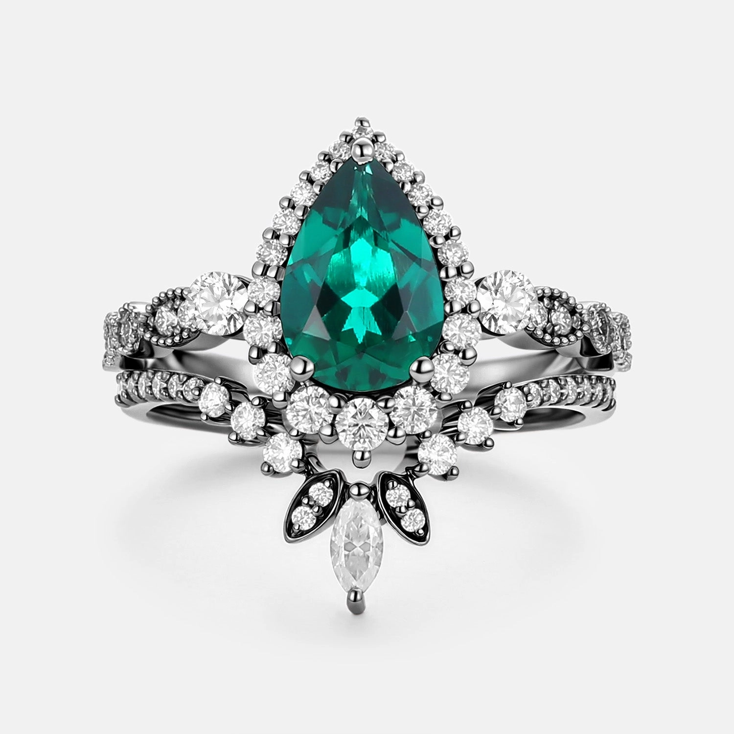Pear Cut Lab Emerald Vintage Engagement Ring Set 2pcs - Mirella Subtle Elegance
