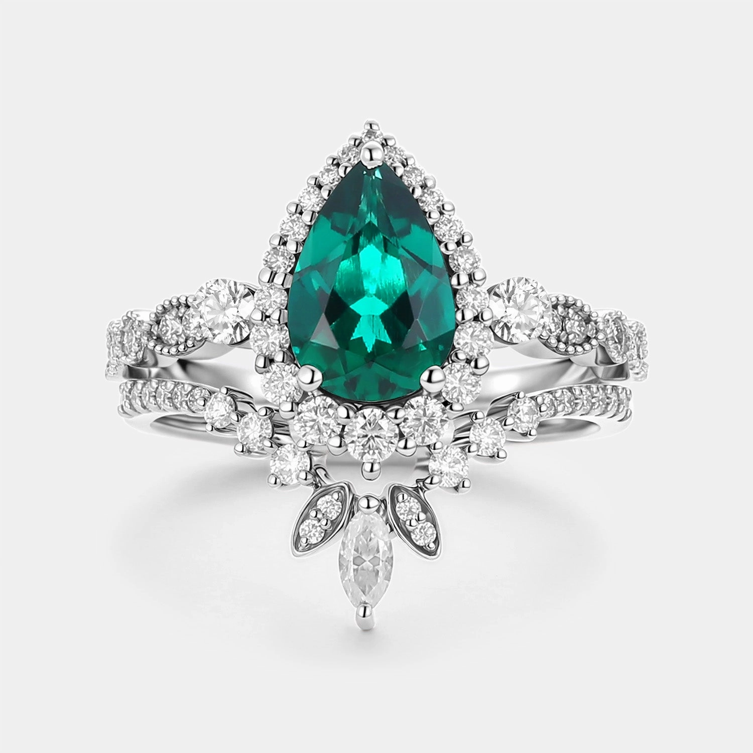 Pear Cut Lab Emerald Vintage Engagement Ring Set 2pcs - Mirella Pure Feature Stylish Form