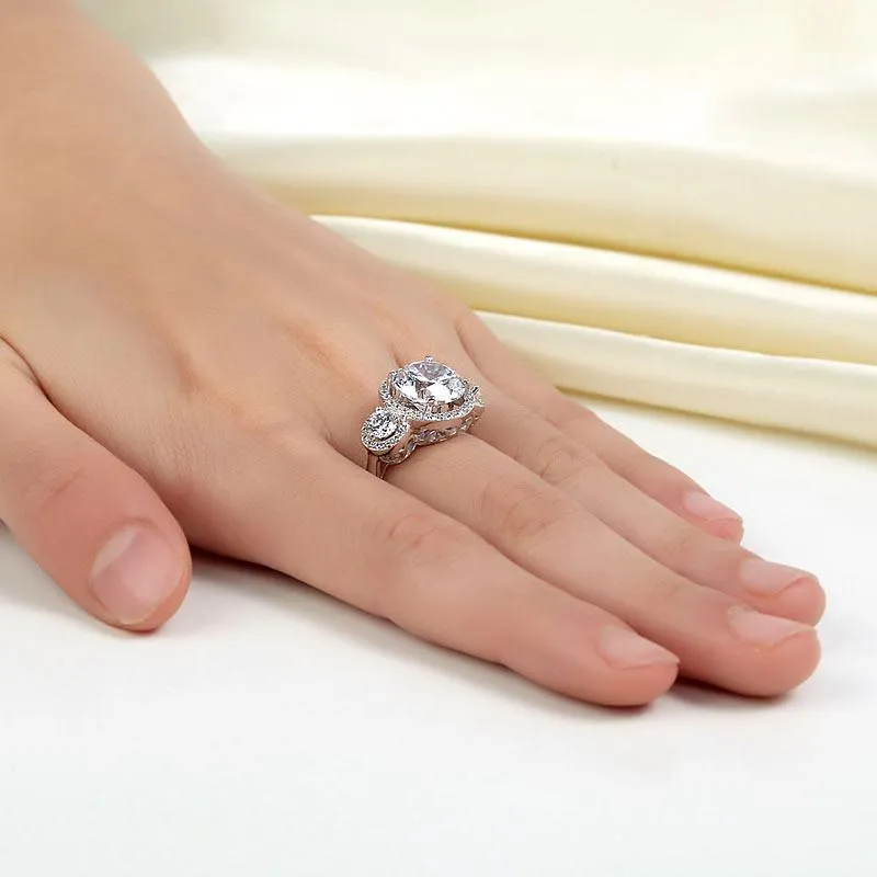 Three-Stone 925 Sterling Silver Promise Engagement Ring Vintage Victorian Art Deco 3.5 Ct Simulated Diamond