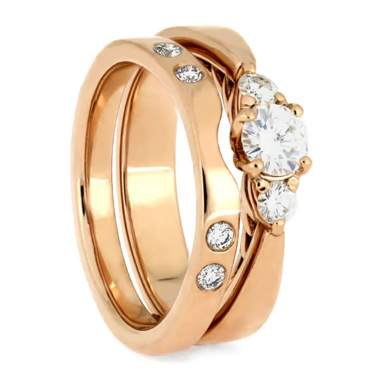 Three Stone Floral Prong Engagement Ring & Matching Shadow Band