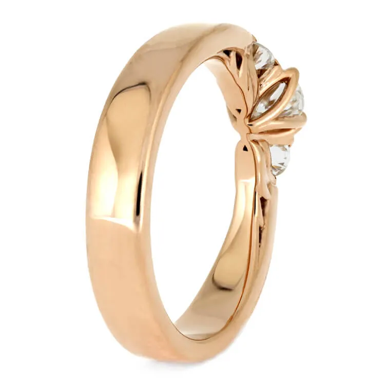 Three Stone Floral Prong Engagement Ring & Matching Shadow Band
