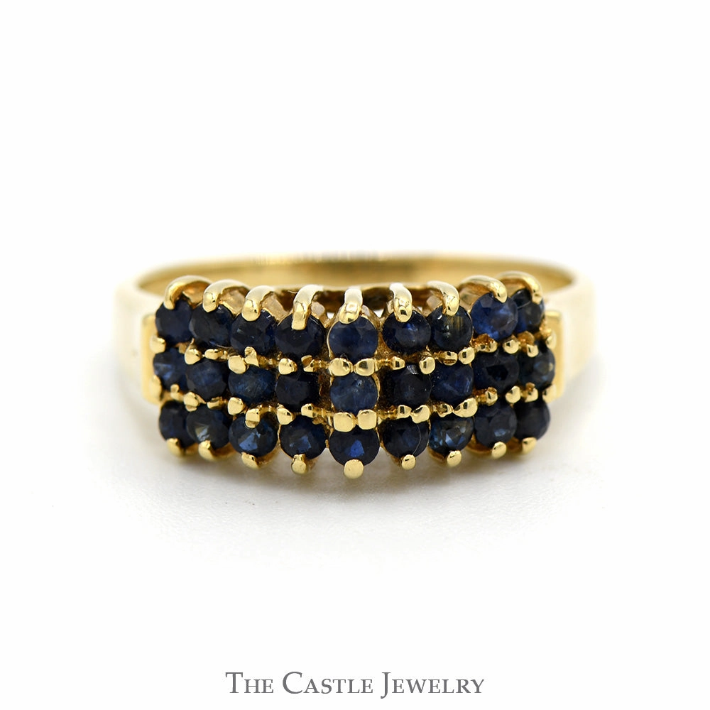 Three Row Round Sapphire Cluster Ring in 14k Yellow Gold Modern Bauble Chic Finish