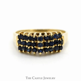 Three Row Round Sapphire Cluster Ring in 14k Yellow Gold Modern Bauble Chic Finish