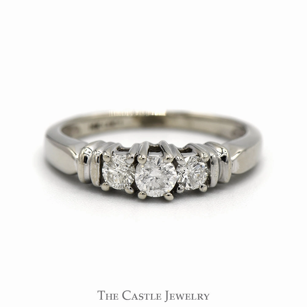 Lightweight Build Three Stone Diamond Engagement Ring in 14k White Gold