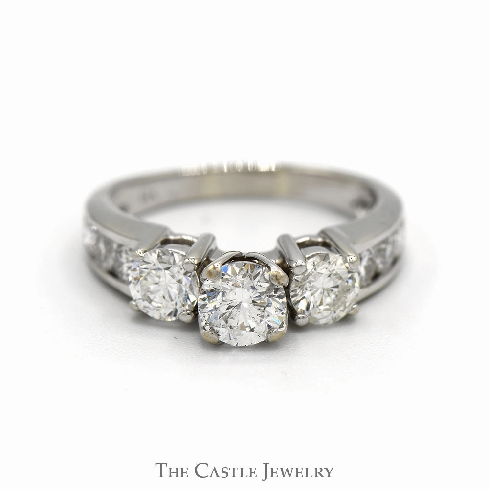Three Stone Diamond Engagement Ring with Channel Set Diamond Accented Sides 14k White Gold Father Present Luxury Feel