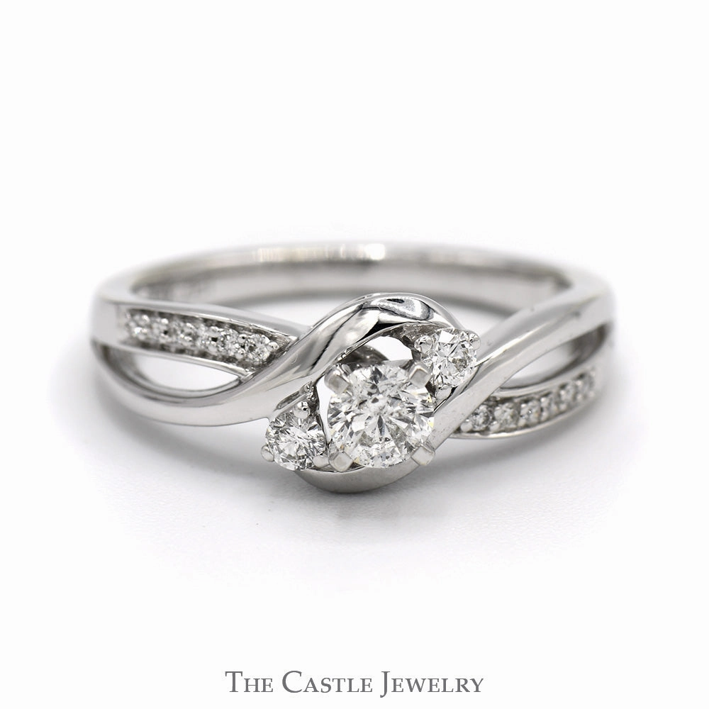 Statement Accessory Three Stone Diamond Ring with Diamond Accented Open Bypass Sides in 14k White Gold