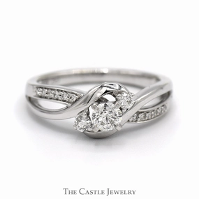 Three Stone Diamond Ring with Diamond Accented Open Bypass Sides in 14k White Gold standalone piece Superior Gift
