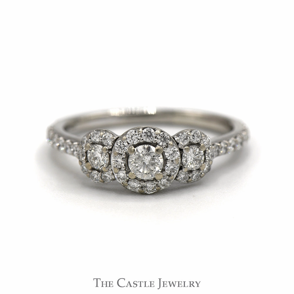 Modern Look Three Stone Diamond Ring with Diamond Halo and Accented Sides in 14k White Gold