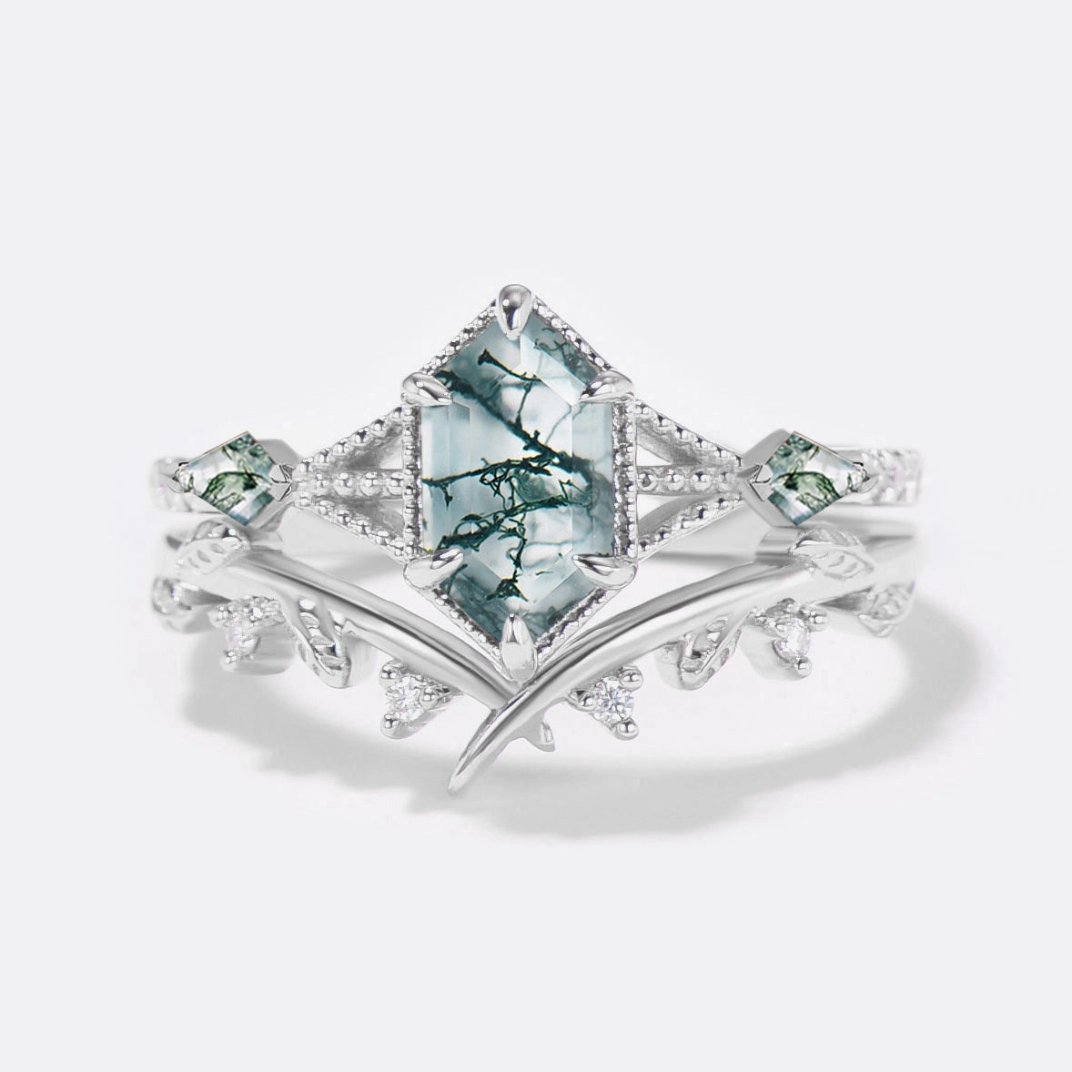 Three Stone Moss Agate Long Hexagon Leafy Engagement Ring Set 2pcs Pretty Detail Casual Detail
