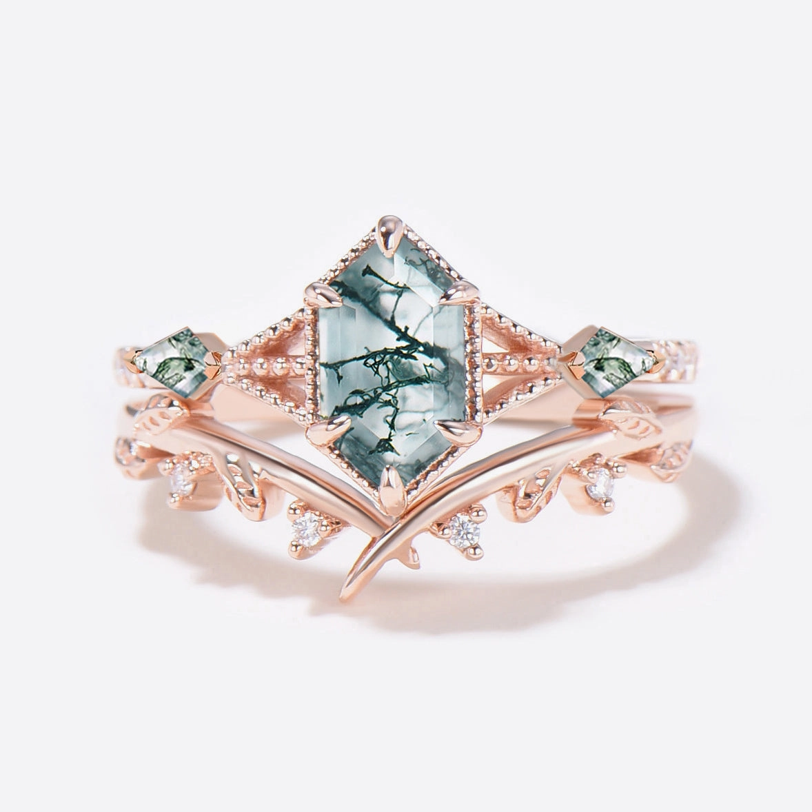 Three Stone Moss Agate Long Hexagon Leafy Engagement Ring Set 2pcs Favorite Accent