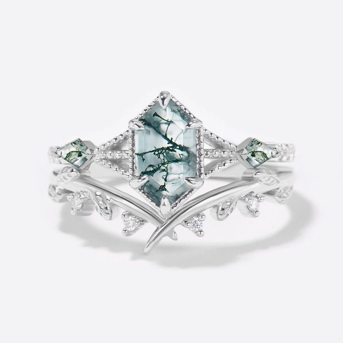 Three Stone Moss Agate Long Hexagon Leafy Engagement Ring Set 2pcs Handcrafted Finish