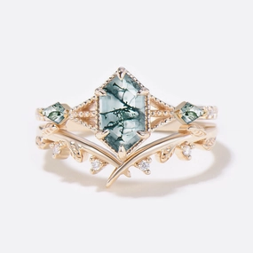 Distinctive Piece Three Stone Moss Agate Long Hexagon Leafy Engagement Ring Set 2pcs
