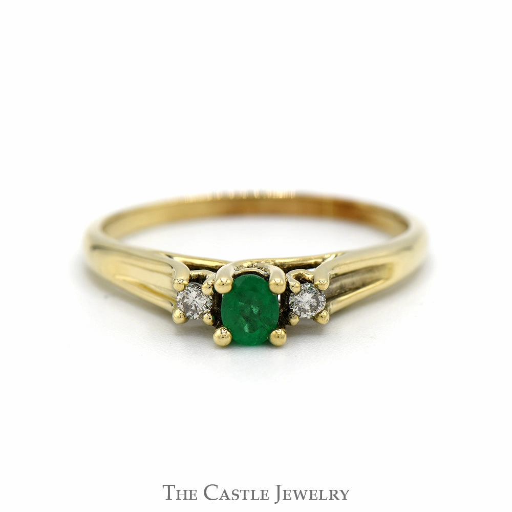 Essential Accessory Three Stone Oval Emerald & Round Diamond Ring in 10k Yellow Gold