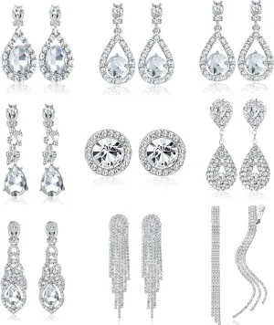 THUNARAZ 9 Pairs Clip on Earrings for Women Rhinestone Clip Earrings Silver Wedding Prom Jewelry Set
