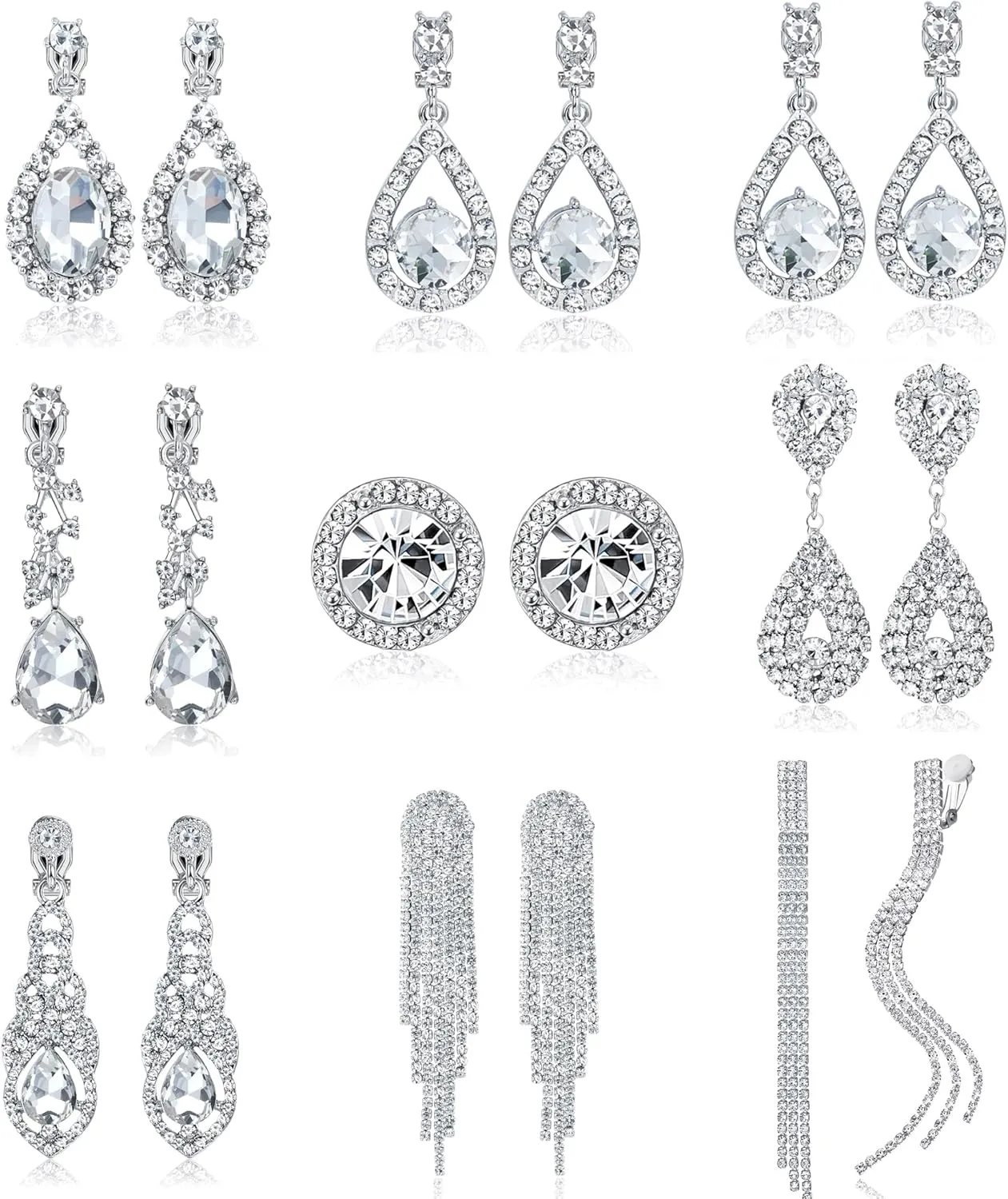 THUNARAZ 9 Pairs Clip on Earrings for Women Rhinestone Clip Earrings Silver Wedding Prom Jewelry Set