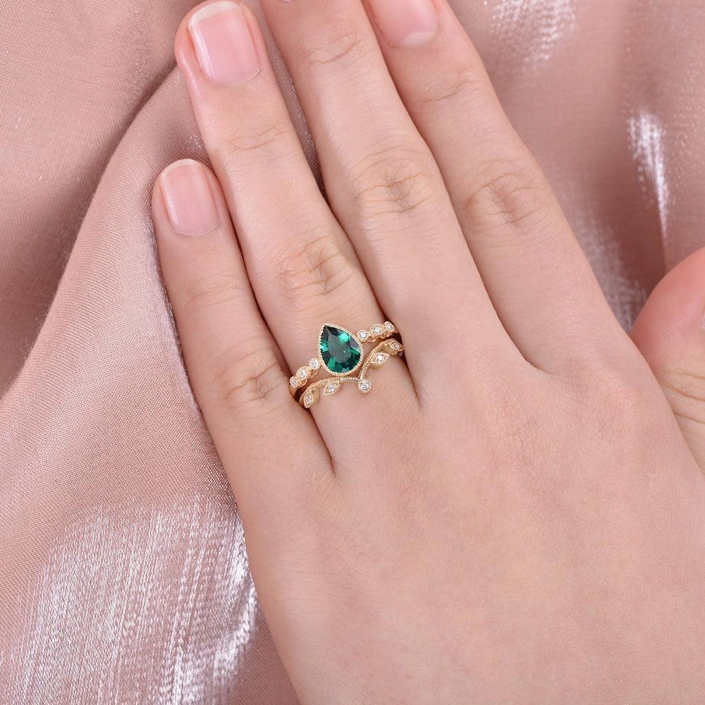 Allure Finish Pear Shaped Lab Emerald Yellow Gold Ring Set 2pcs