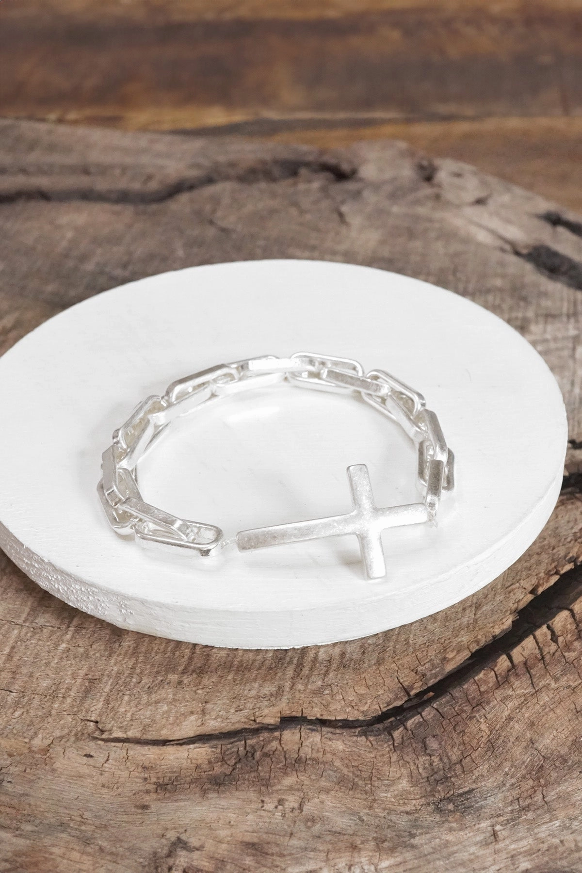 Sideways Cross bracelet worn gold silver tone stretch chain minimal style Borderless Mixes