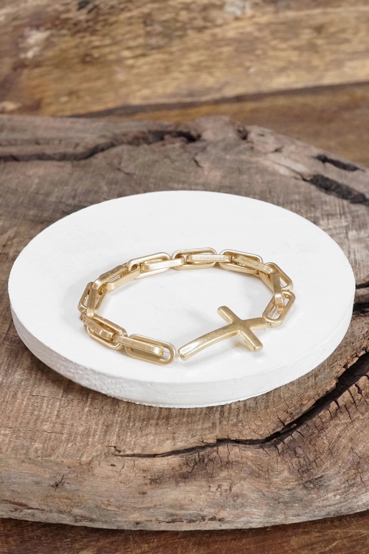 Ordinary Accent Sideways Cross bracelet worn gold silver tone stretch chain minimal style