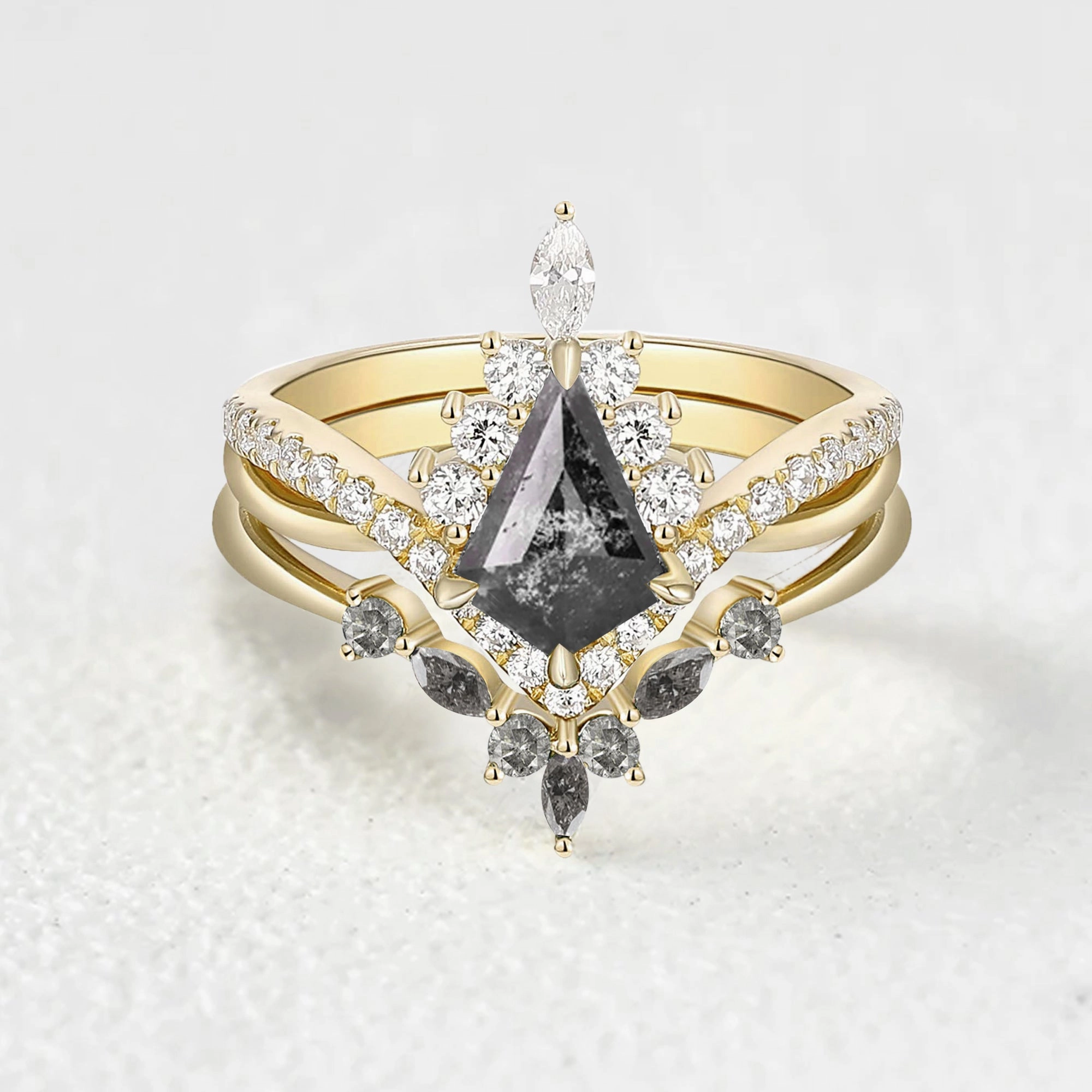 Celebration Style Natural Touch Infinity Kite Salt and Pepper Diamonds Halo Engagement Ring Set 2pcs