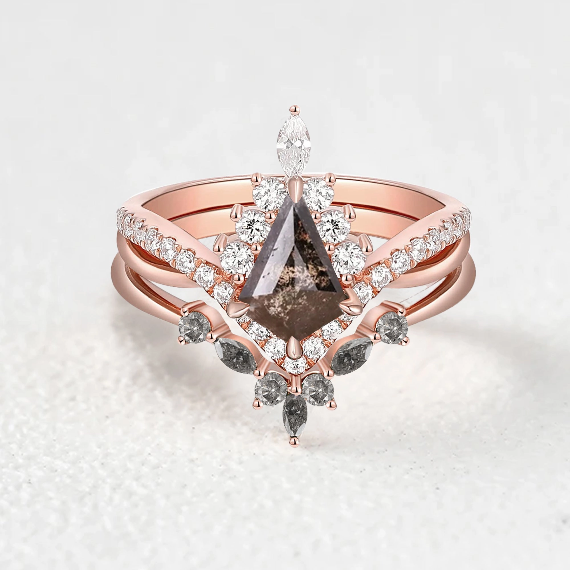 Infinity Kite Salt and Pepper Diamonds Halo Engagement Ring Set 2pcs Modern Craft